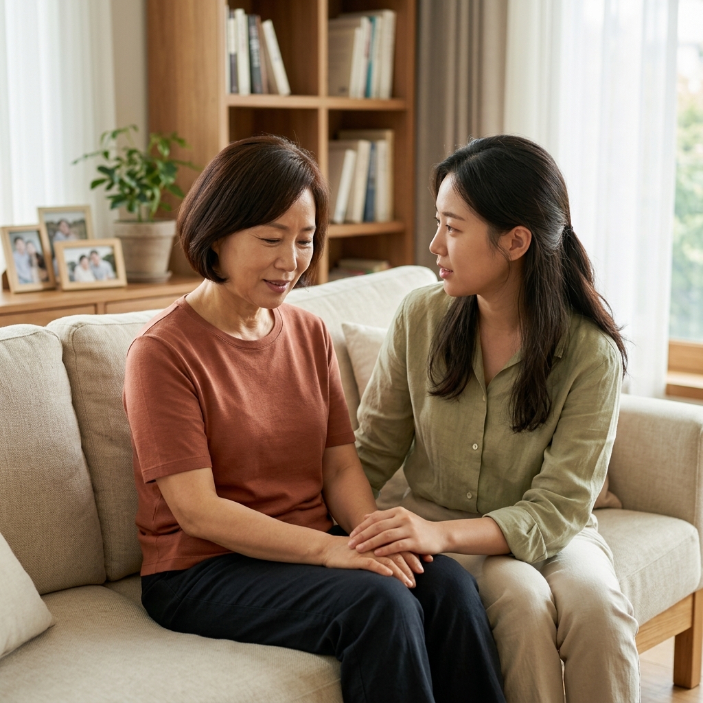 딸이 70대 어머니 옆에 앉아 어머니의 손을 잡고 이야기를 나누는 장면, 따뜻한 실내 조명 아래 대화하는 모습