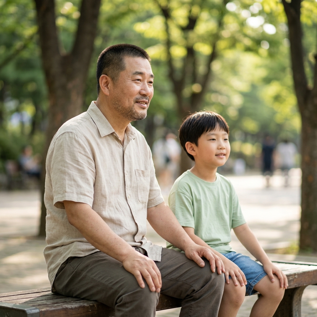 공원 벤치에 나란히 앉아 같은 방향을 바라보며 이야기 나누는 40대 아빠와 10대 자녀, 옅은 미소, 자연광