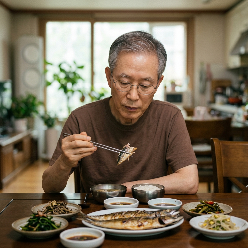 60대 후반 한국인 남성이 실내 식탁에서 생선구이와 나물 반찬 앞에 앉아 젓가락을 들고 천천히 식사하는 모습, 창밖으로 부드러운 자연광이 들어오는 따뜻한 실내 배경