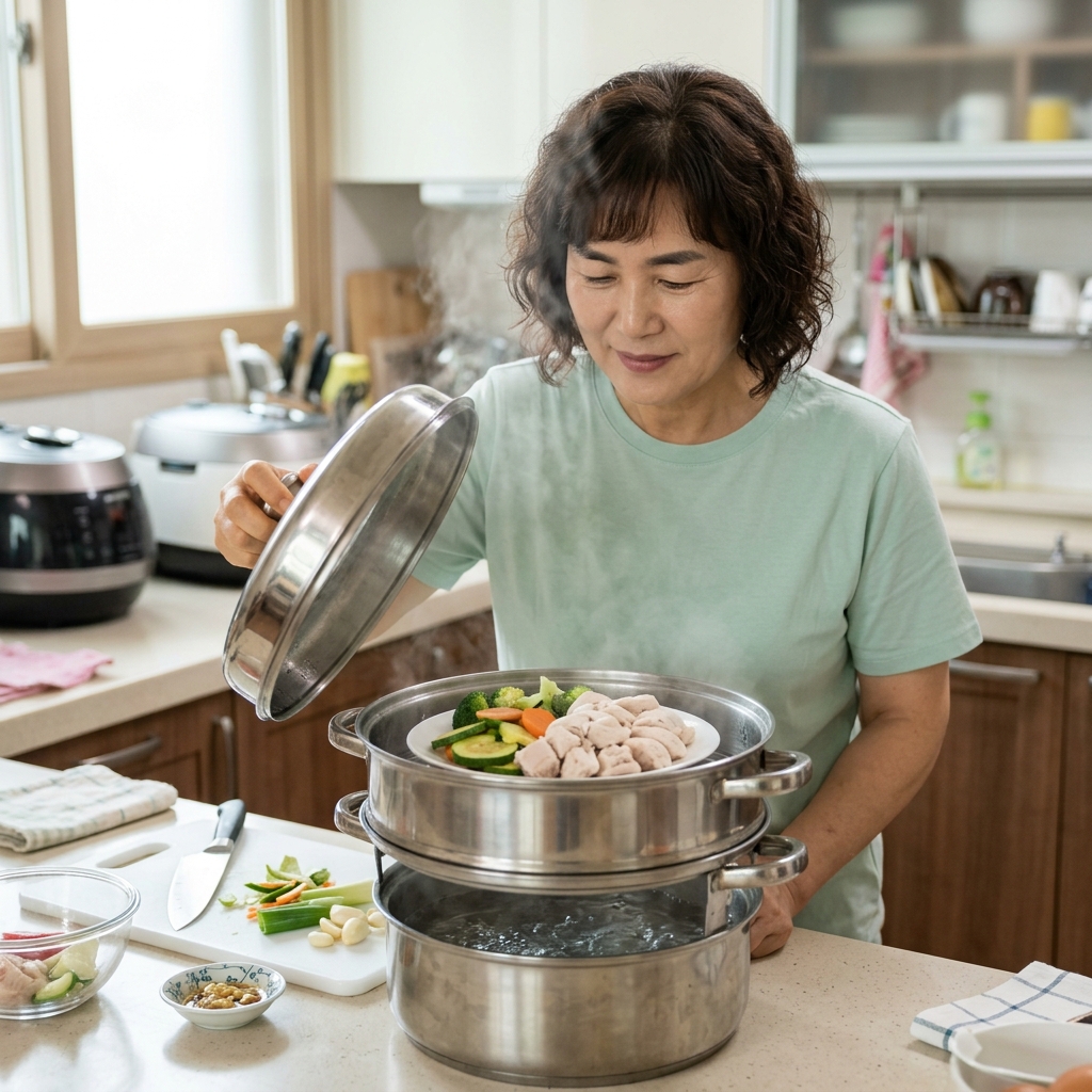 실내 주방 조리대 위에 놓인 부드럽게 삶은 닭가슴살과 채소, 김이 오르는 찜기, 60대 한국인 여성이 옆에서 조리 과정을 확인하는 모습