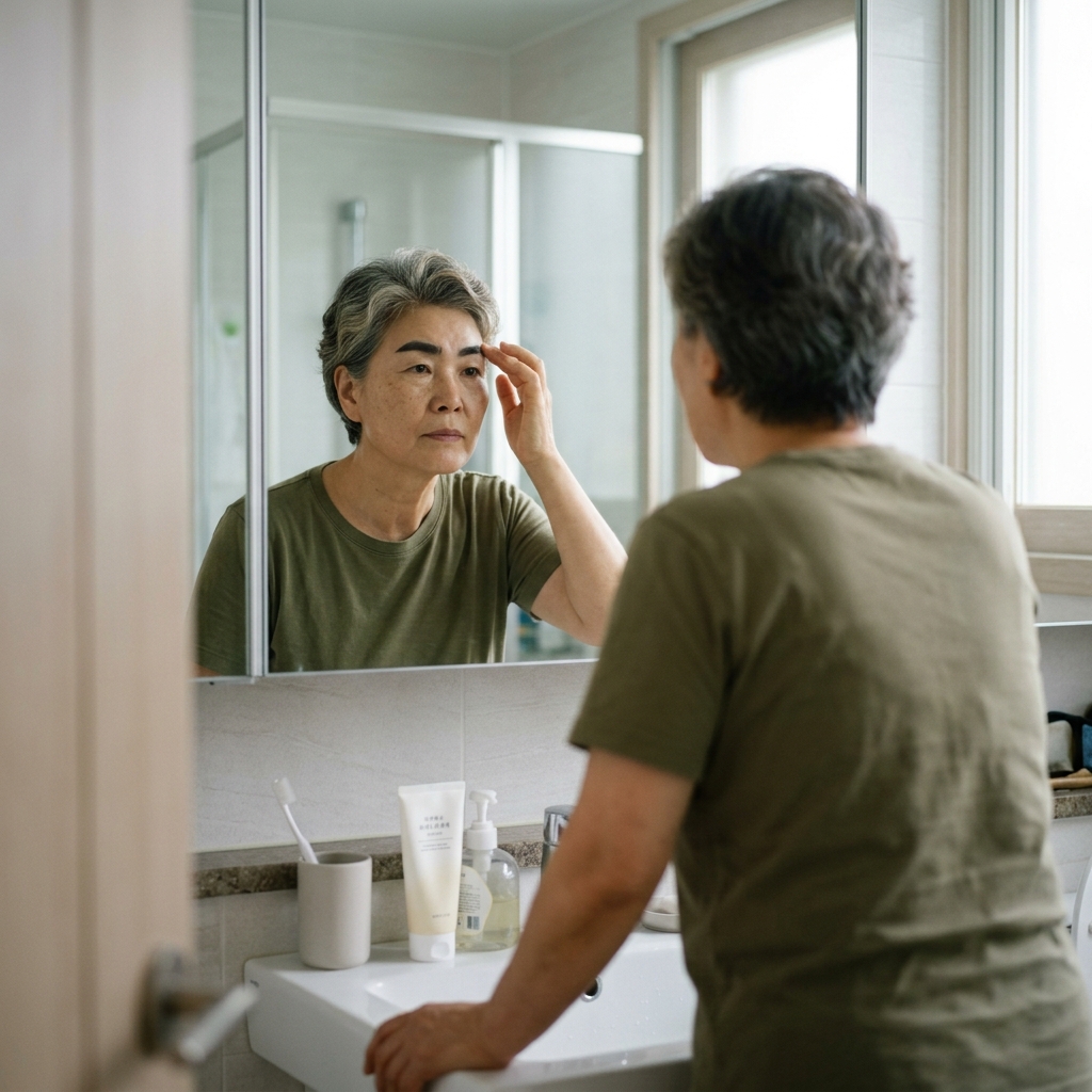 거울 앞에서 눈썹을 살피는 60대 여성, 밝은 실내 조명, 얇은 반팔 블라우스