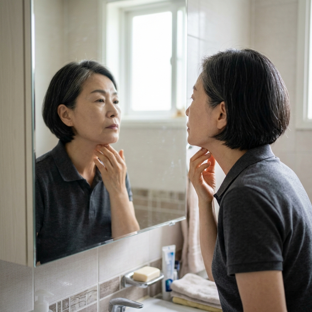 67세 한국 여성이 거울을 보며 턱 아래를 손으로 만지고 있는 모습, 밝은 실내 조명, 자연스러운 표정