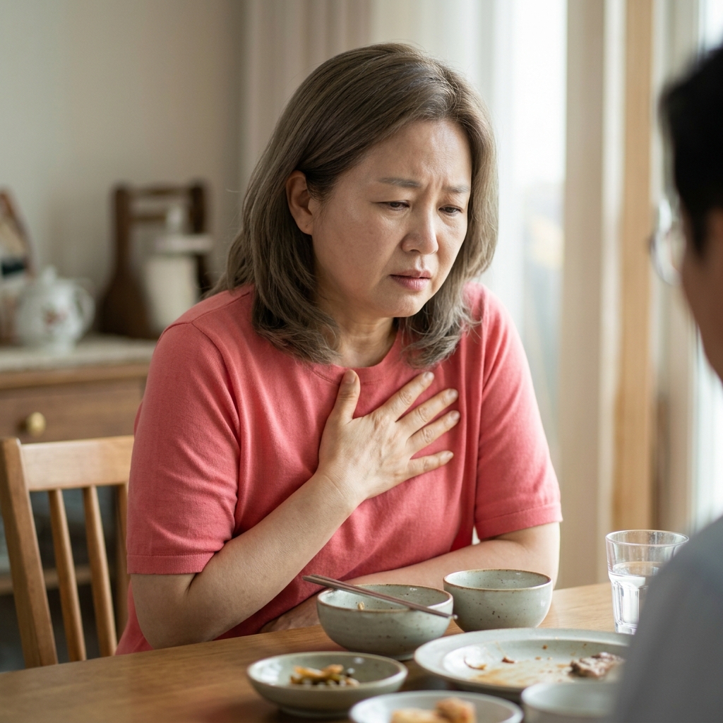 60대 여성이 식사 후 가슴을 손으로 감싸며 불편한 표정을 짓고 있는 모습, 실내 식탁 배경