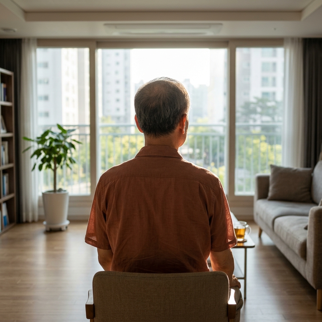 70대 한국인 남성이 거실 창가에 앉아 밖을 바라보는 뒷모습, 얇은 반팔 셔츠 착용, 창밖으로 밝은 햇빛