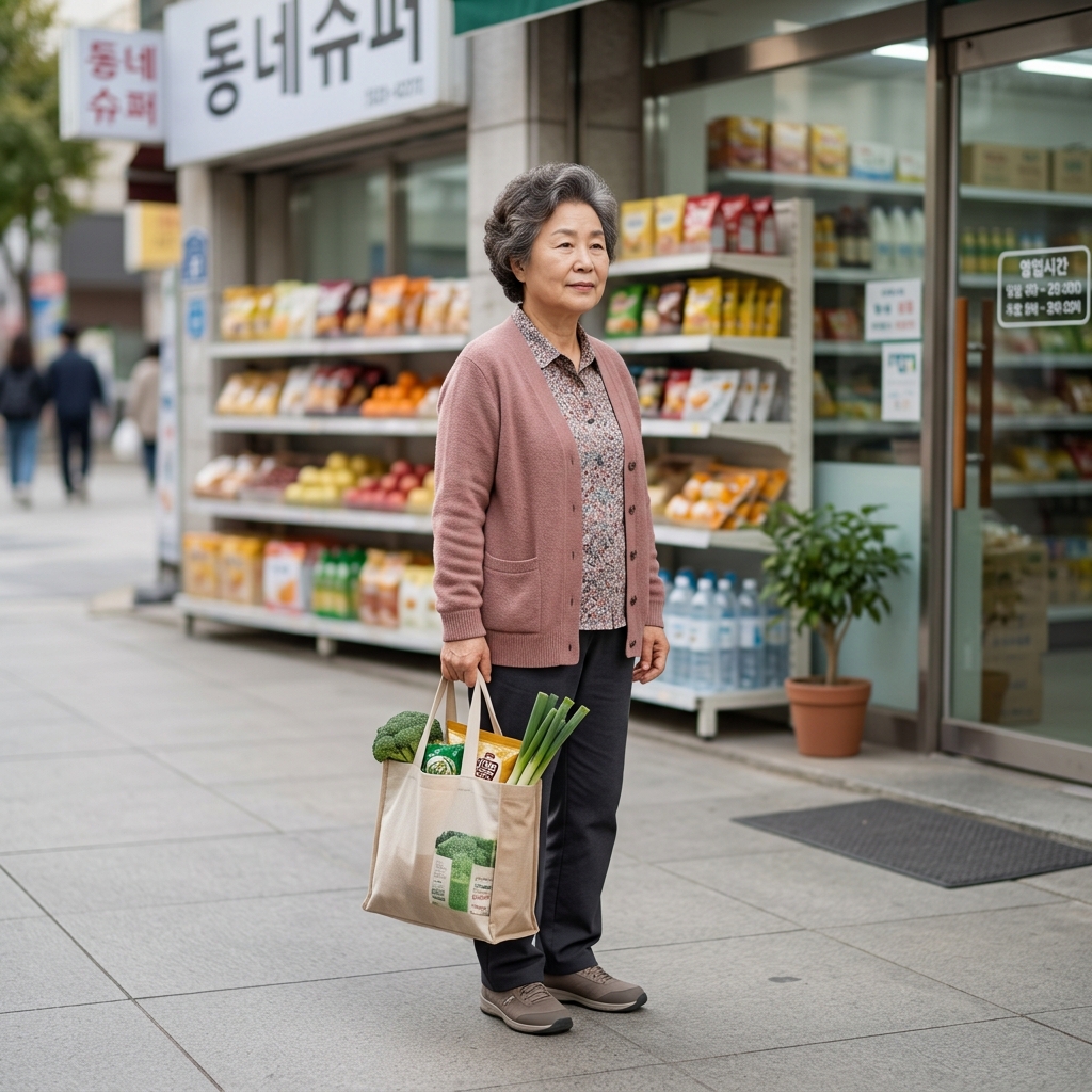 70대 한국인 여성이 동네 슈퍼 앞에서 장바구니를 든 모습, 밝은 색 가디건 착용, 평평한 인도