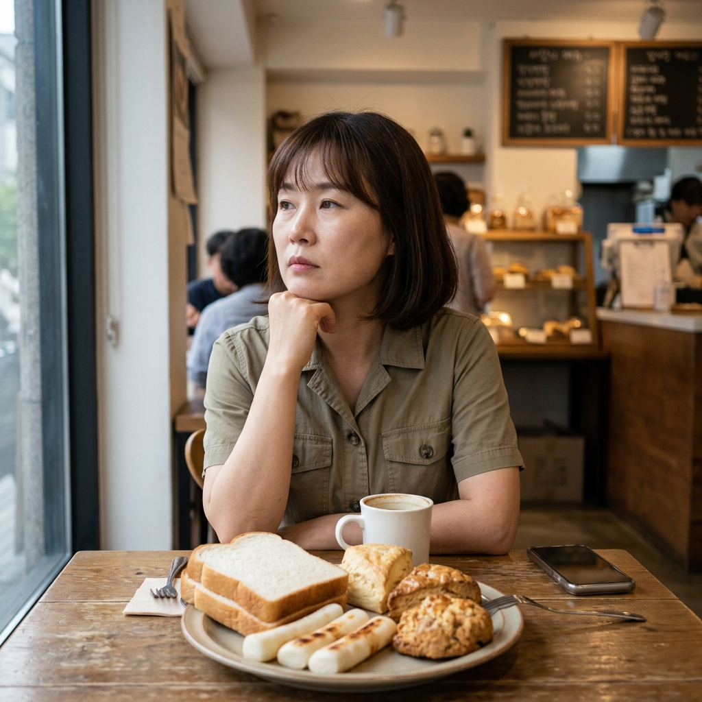 생식빵, 가래떡, 스콘이 담긴 접시를 앞에 두고 생각에 잠긴 한국인