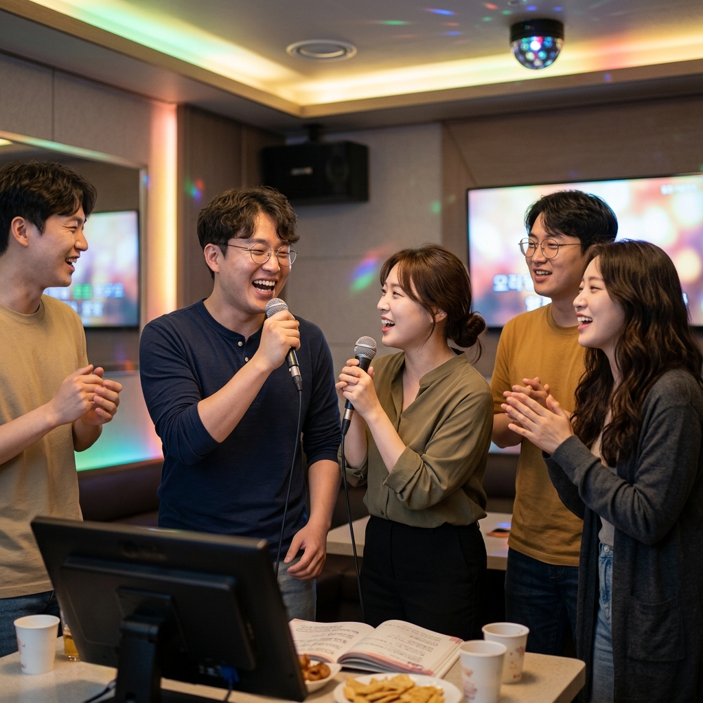 친구들과 함께 노래방에서 신나게 노래 부르며 즐기는 모습