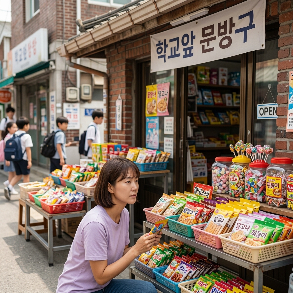 학교 앞 문방구 진열대에 다양한 간식이 놓여 있는 모습