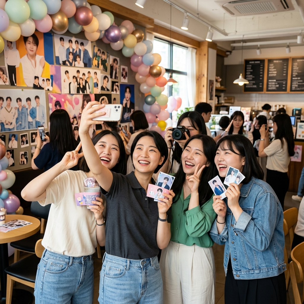아이돌 사진과 풍선으로 화려하게 꾸며진 카페 내부에서 팬들이 기념사진을 찍는 모습