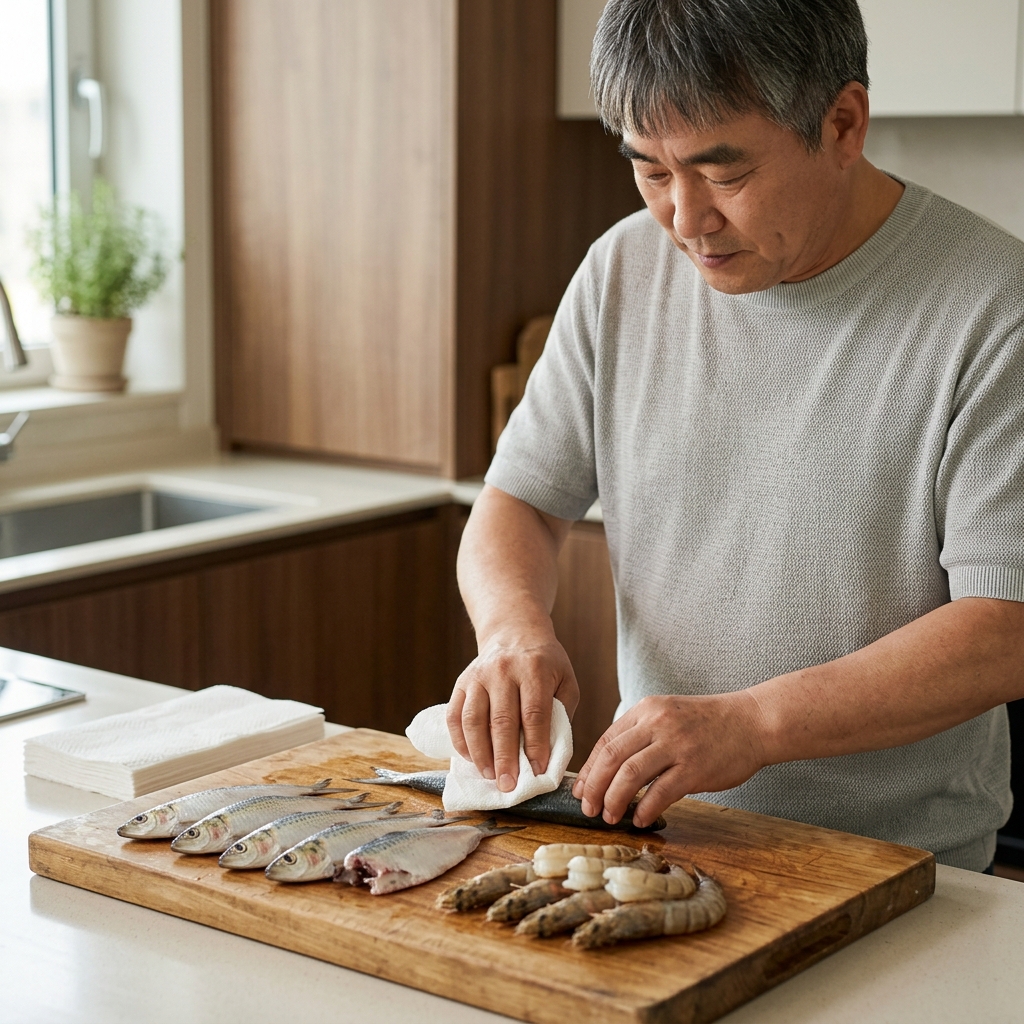 주방 도마 위에 손질된 전어와 대하가 나란히 놓여 있고 키친타월로 물기를 닦는 장면