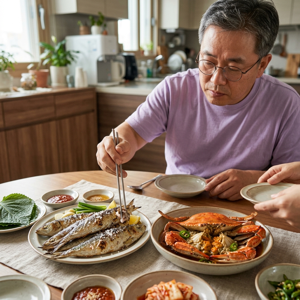 가을 제철 음식 꽃게와 전어를 식탁에 올린 모습