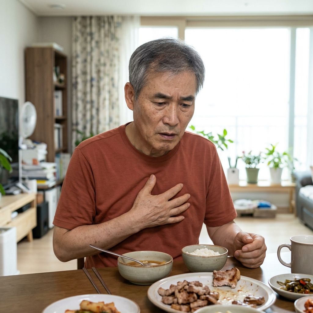 60대 중장년 남성이 식탁에서 고기를 먹다가 가슴 아래를 손으로 짚으며 불편한 표情을 짓고 있는 장면, 자연광, 실내 배경