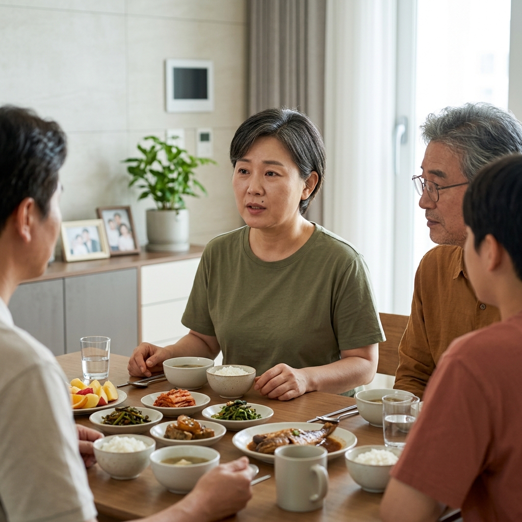 실내에서 가족과 함께 점심 식사를 하며 대화를 나누고 있는 중장년 한국인의 모습