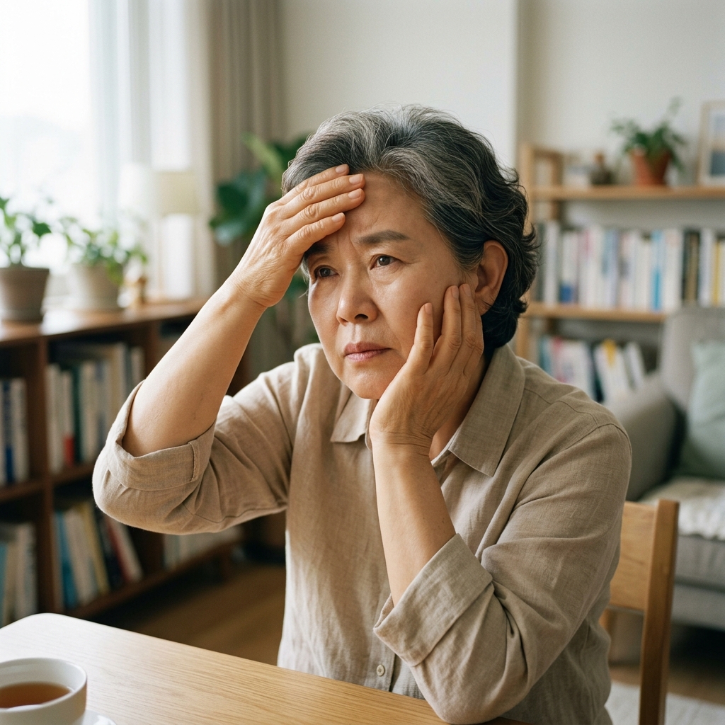 50대 중반 여성이 실내에서 손으로 이마를 짚으며 무언가를 기억하려는 표정으로 생각에 잠긴 모습