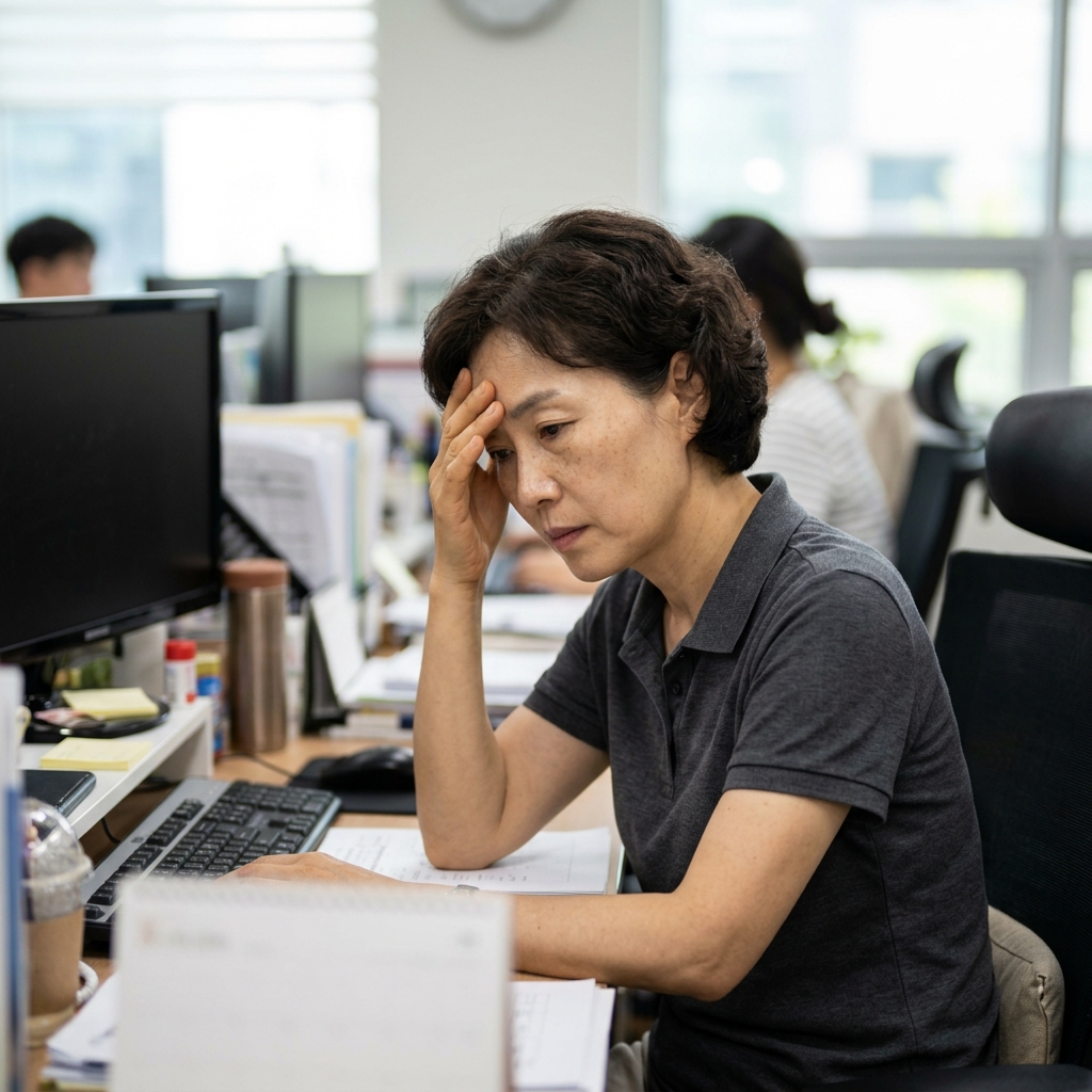 사무실 책상 앞에서 이마를 짚고 피곤한 표정을 짓고 있는 30대 한국인 직장인의 모습, 자연광, 현실적인 장면