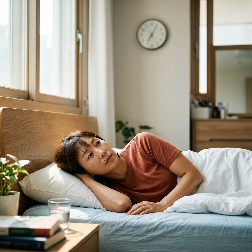 침대에 누워 시계를 바라보는 중장년 남성의 모습, 아침 햇살이 창문을 통해 들어오는 침실