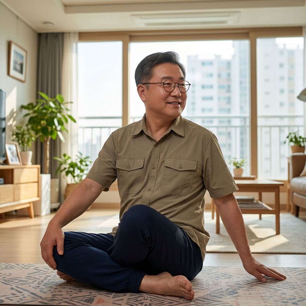 50대 중장년이 실내에서 가벼운 스트레칭을 하는 장면, 창문으로 부드러운 빛이 들어오는 평온한 아침