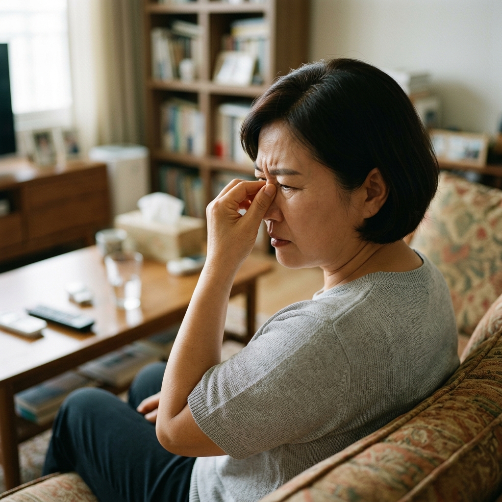 50대 후반 남성이 실내에서 얇은 셔츠를 입고 손가락으로 콧등을 누르며 불편한 표정을 짓는 모습