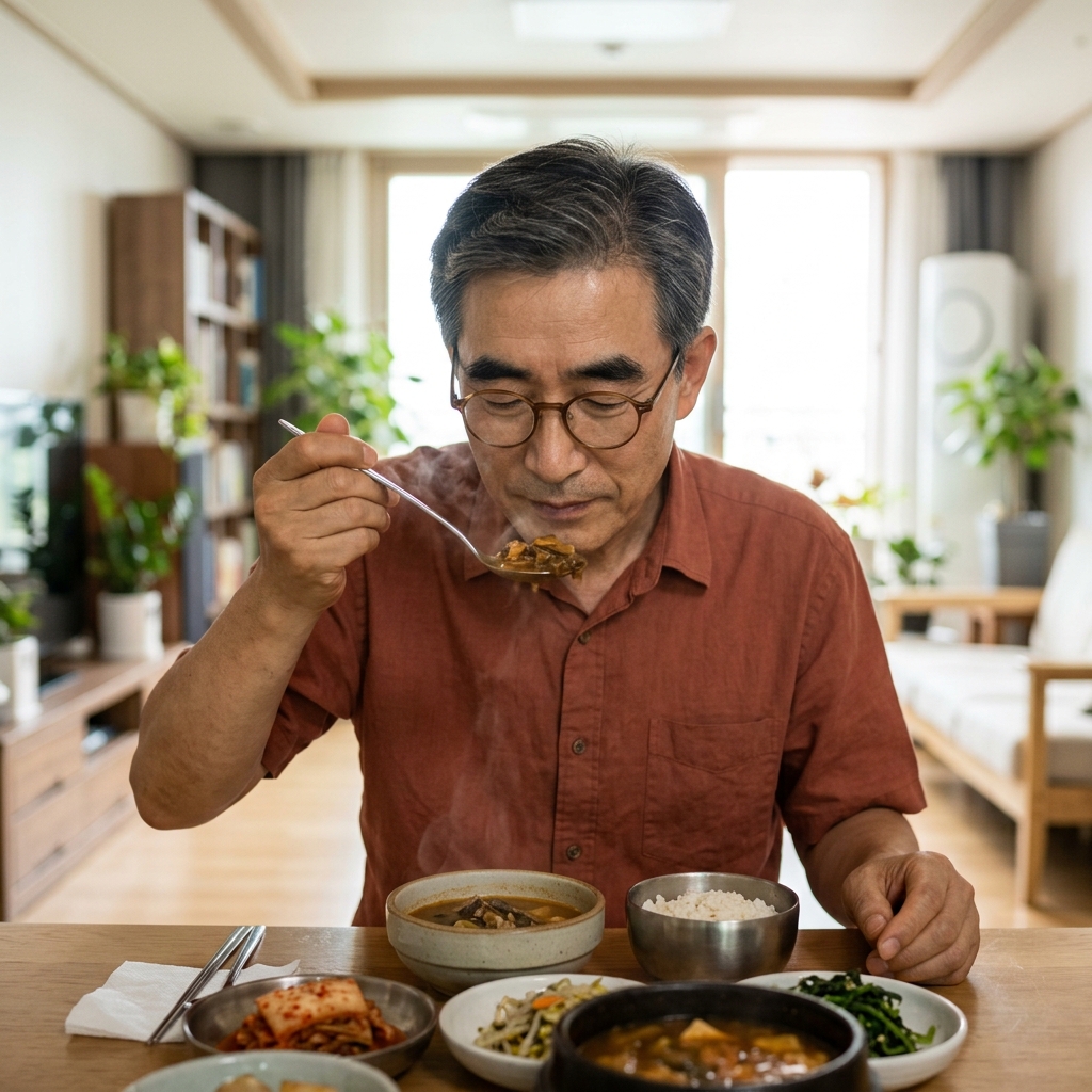 실내 테이블에서 음식 냄새를 맡으며 식사를 준비하는 중장년 성인의 모습