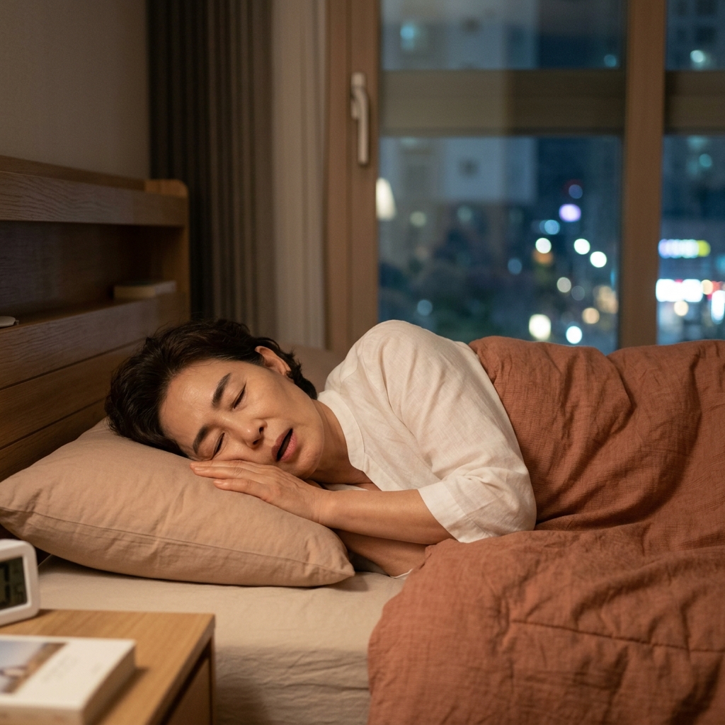 50대 중년 남성이 침대에서 입을 벌리고 옆으로 누워 자는 모습, 창밖 은은한 야간 조명