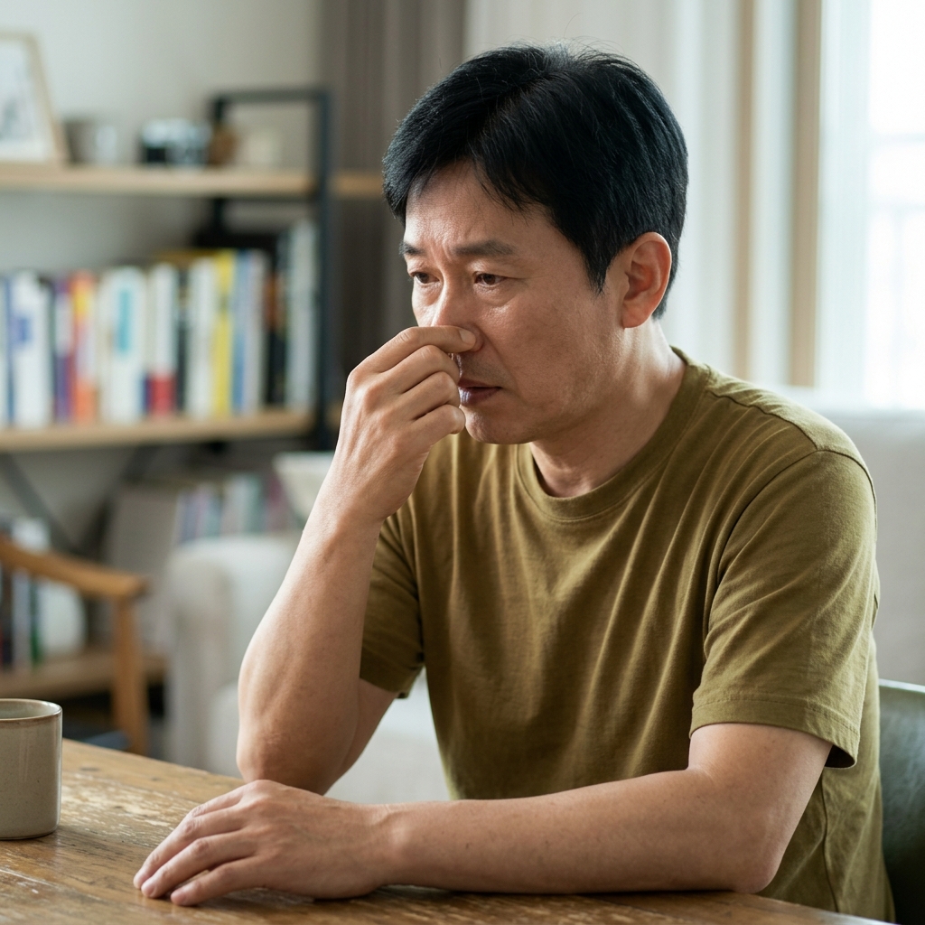 실내에서 손으로 코를 만지며 불편함을 느끼는 중년 남성의 모습