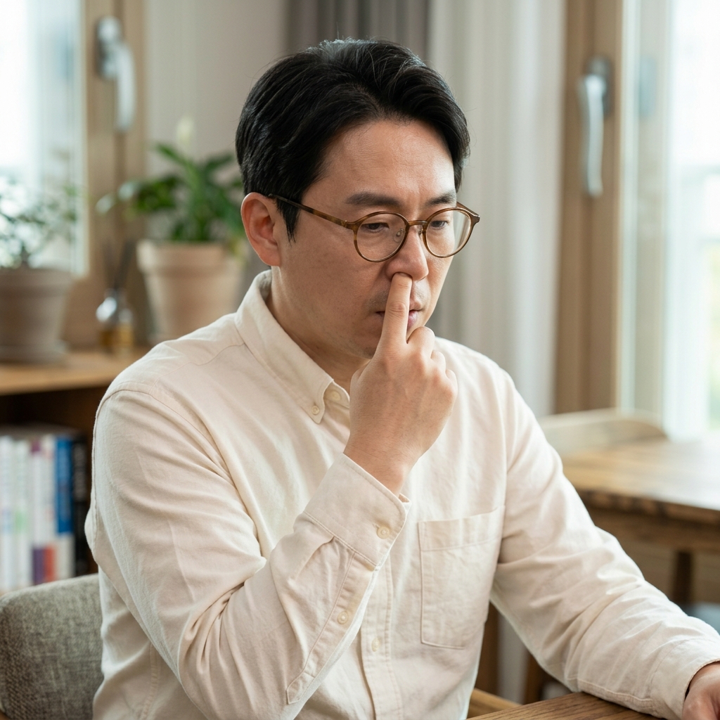한쪽 콧구멍을 손으로 막고 호흡 상태를 확인하는 중년 한국인의 모습, 실내 자연광