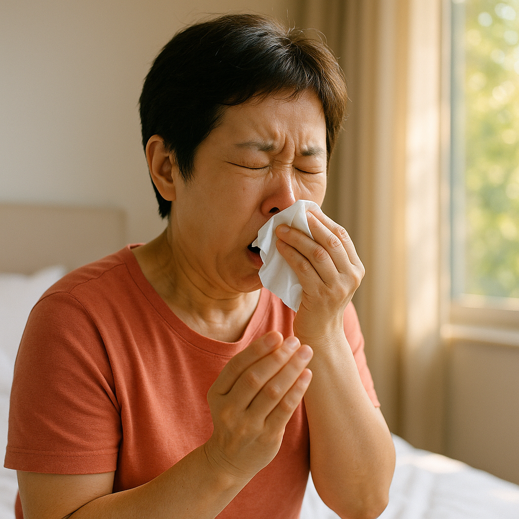아침에 일어나 연속으로 재채기를 하며 콧물을 닦고 있는 한국인 중년 여성의 모습, 창밖으로 봄 햇살이 들어오는 실내 배경