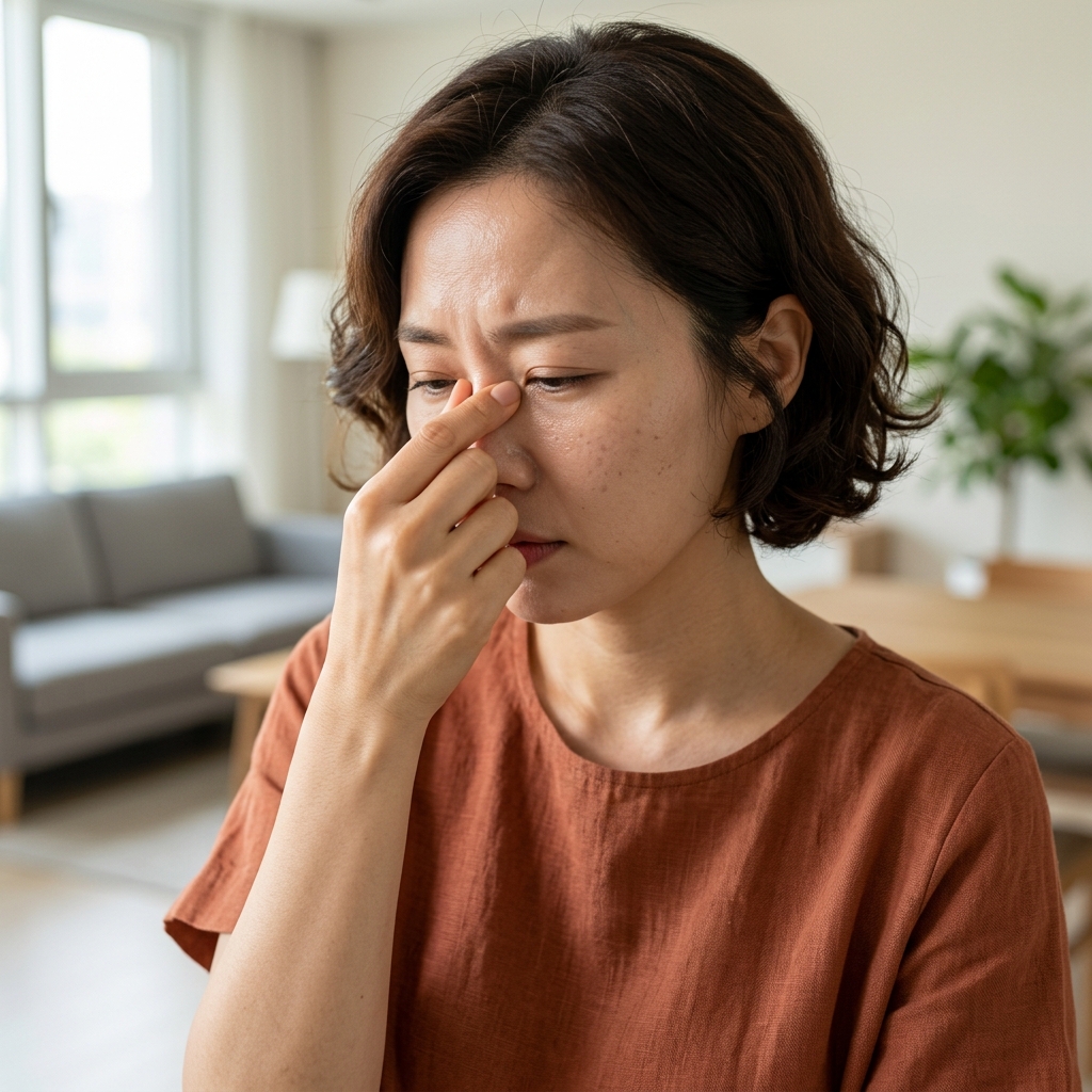 코 주변을 손으로 누르며 불편함을 느끼는 중년 여성의 얼굴 클로즈업, 실내 자연광