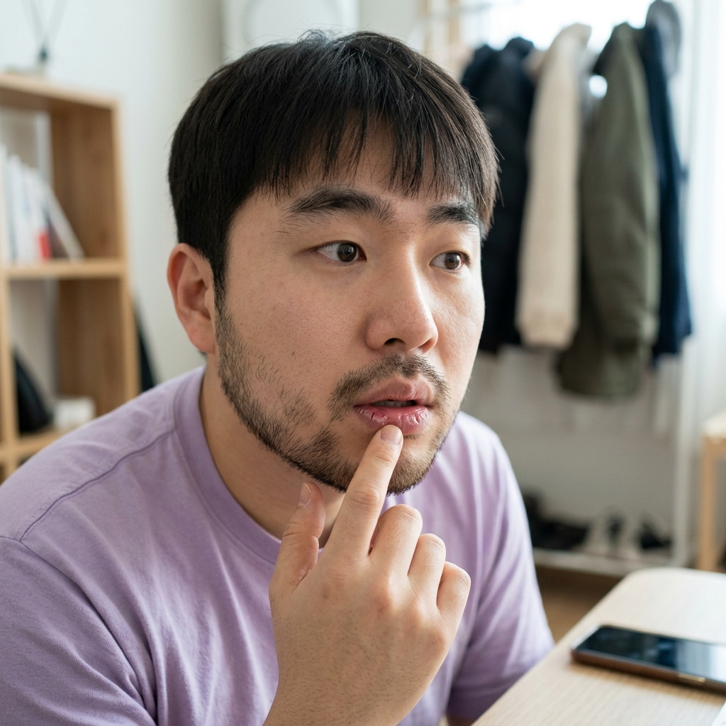 겨울철 실내에서 갈라진 입술을 손으로 만지고 있는 한국인 성인의 얼굴 클로즈업, 자연광