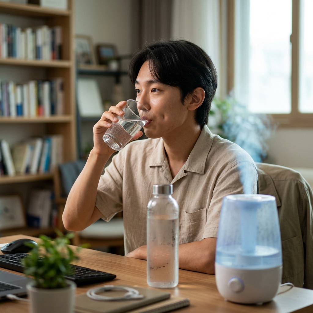 실내 책상 위에 놓인 물병과 가습기, 따뜻한 실내 조명, 한국인 성인이 물을 마시는 장면