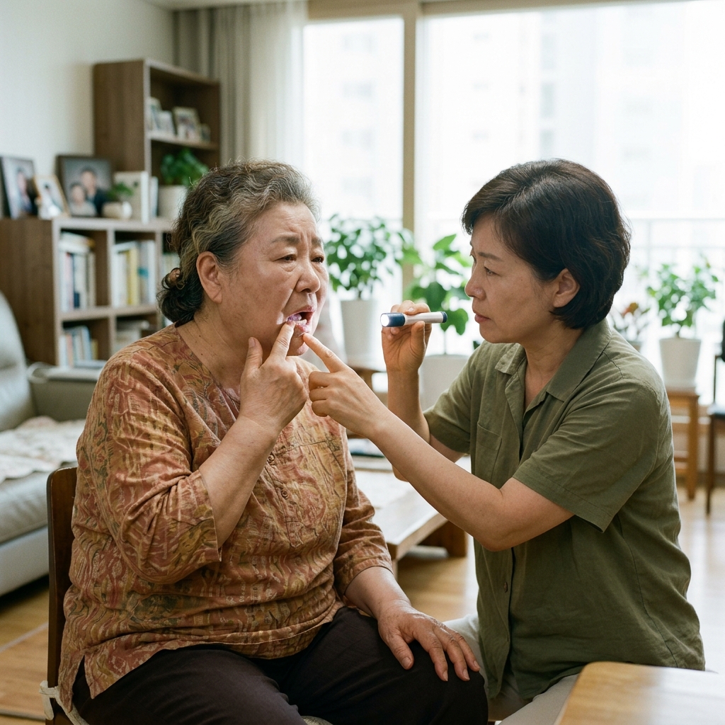 입안을 가리키며 불편함을 호소하는 70대 한국인 여성과 곁에서 손전등으로 확인하는 보호자의 모습, 밝은 실내, 평상복 차림