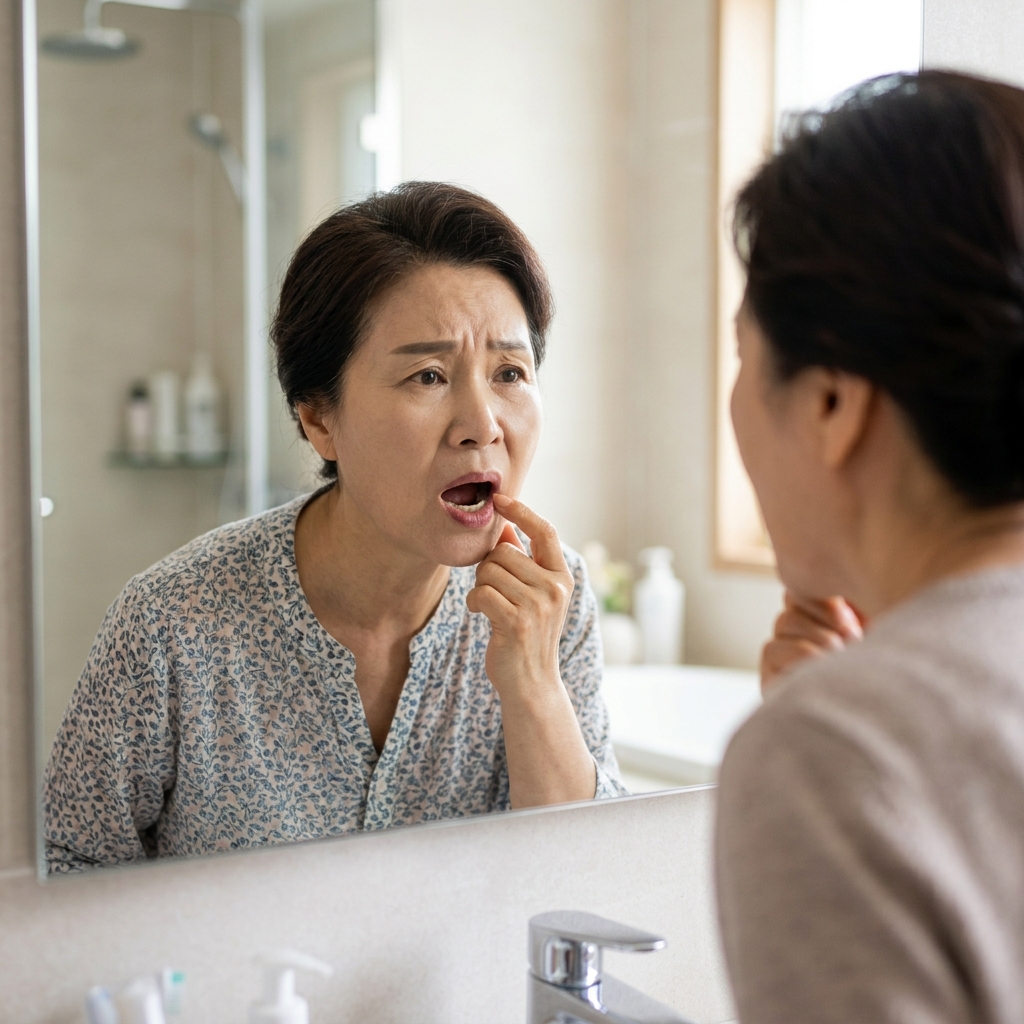 70대 한국인이 거울을 보며 입안을 확인하는 모습, 밝은 실내 조명, 다소 걱정스러운 표정