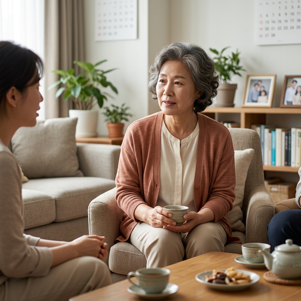 실내 거실에서 얇은 가디건을 걸친 60대 후반 여성이 맞은편에 앉은 가족과 차분히 대화하는 모습, 자연광 아래 편안한 표정