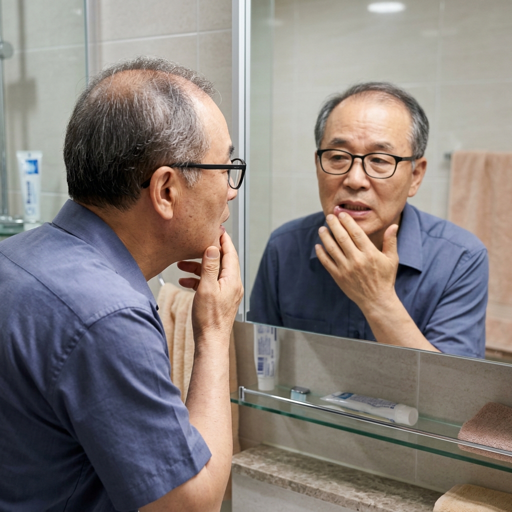 거울을 보며 입가와 치아 사이를 확인하는 시니어 남성의 모습