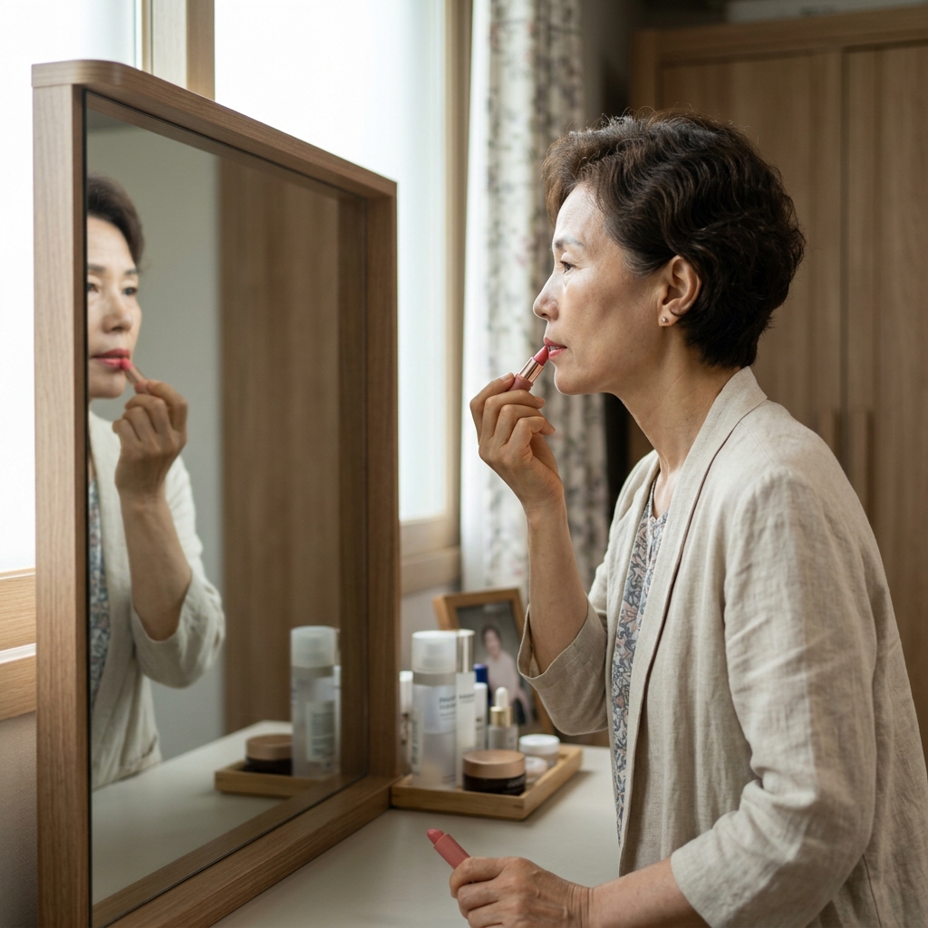 거울 앞에서 코랄핑크 립스틱을 바르고 있는 60대 여성의 모습, 밝은 자연광, 얇은 카디건
