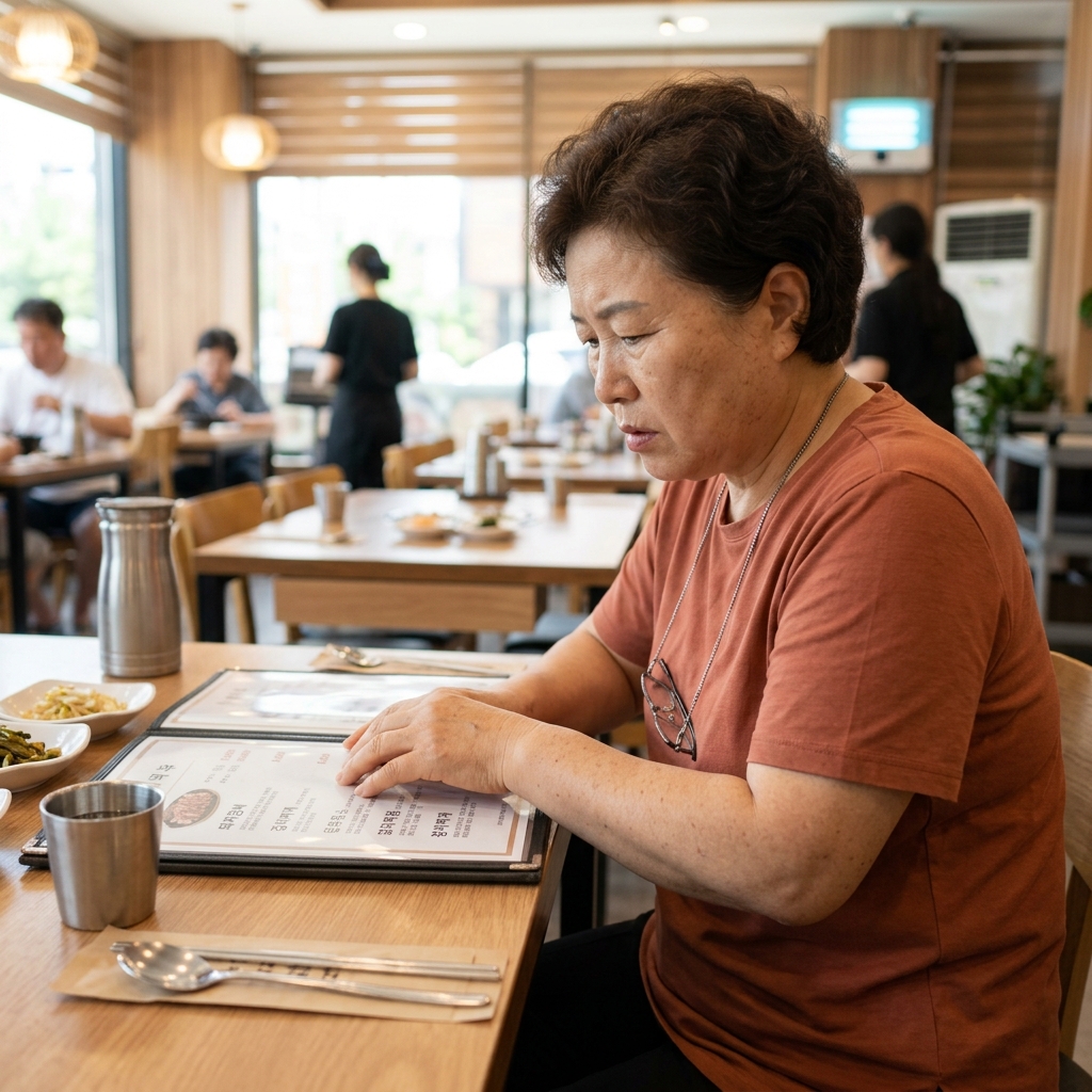 식당 테이블에 앉아 메뉴판을 보며 음식을 선택하는 60대 후반 한국인의 모습