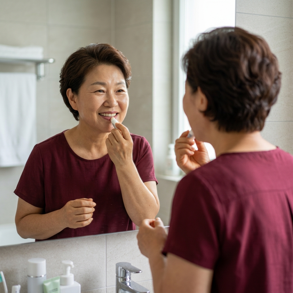 거울을 보며 립밤을 바르고 웃는 표정을 확인하는 70대 여성의 모습