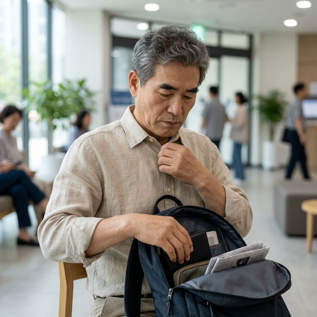 의자에 앉아 옷차림을 정돈하며 가방 안 소지품을 확인하는 70대 남성