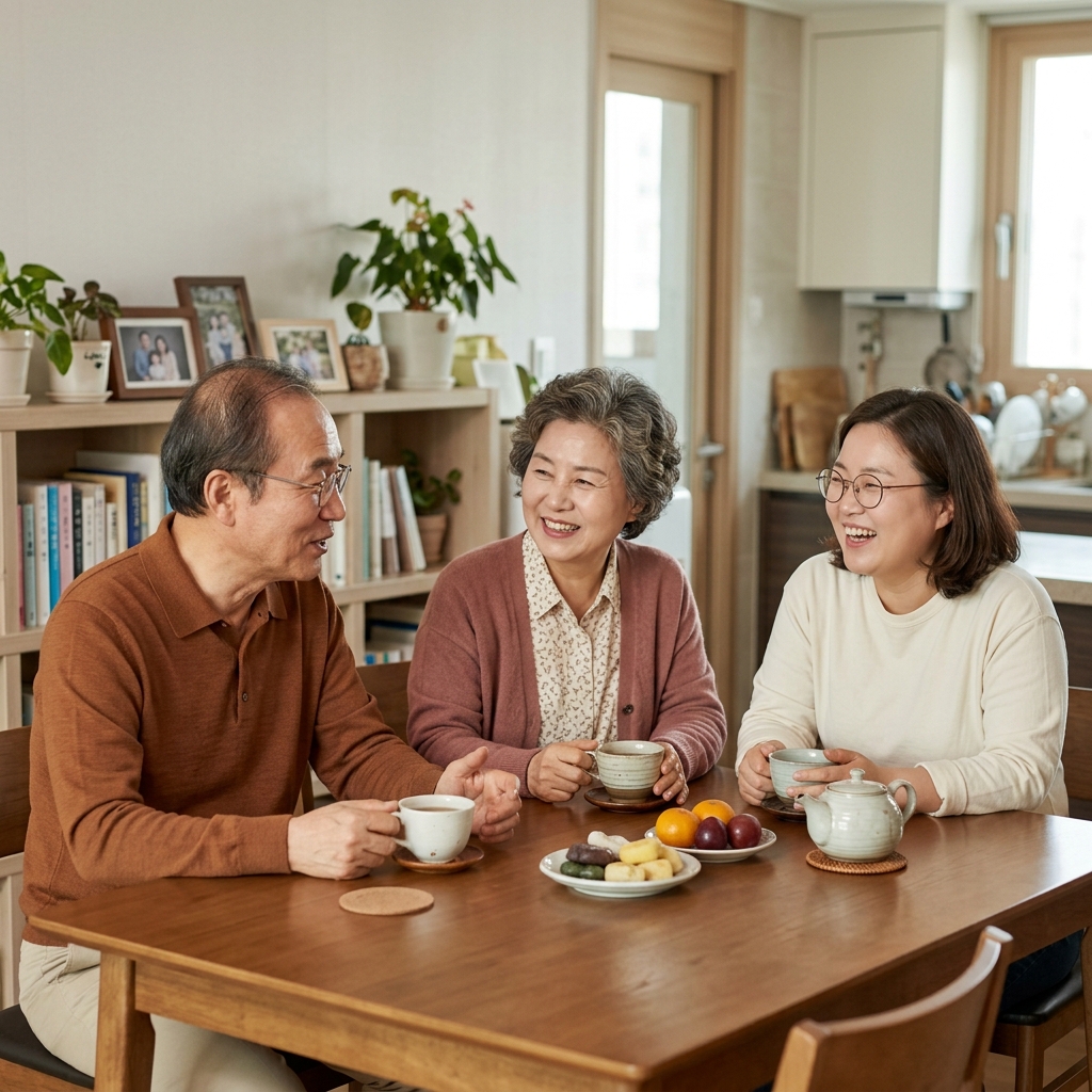 식탁에서 차를 마시며 대화하는 60대 부모와 40대 자녀의 따뜻한 장면