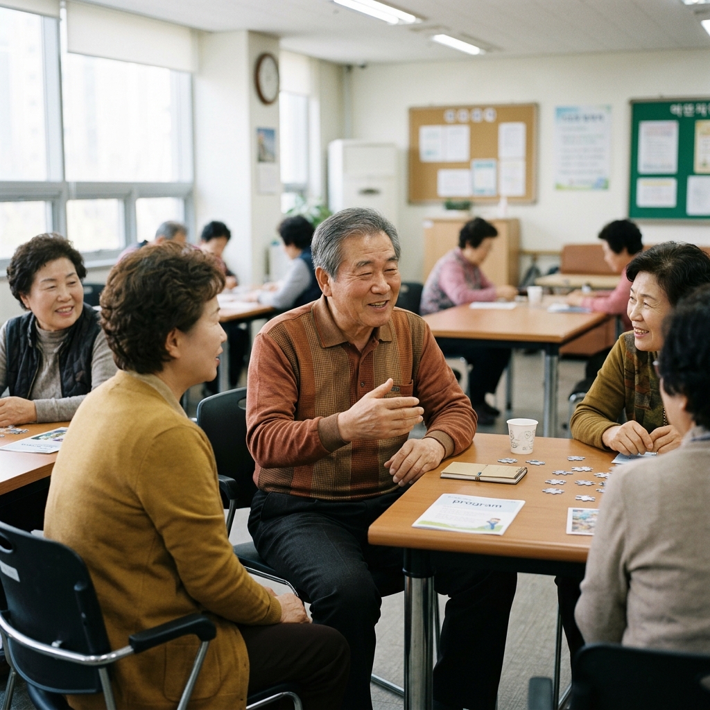 70대 남성이 주민센터 복지관 프로그램에서 다른 참가자들과 밝게 대화를 나누는 모습, 밝은 실내, 긴소매 셔츠