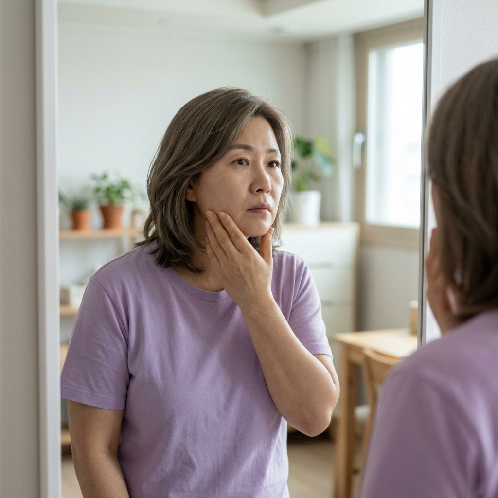 거울을 보며 얼굴선을 손으로 따라가는 50대 중반 여성의 모습, 실내 자연광, 가벼운 셔츠 착용