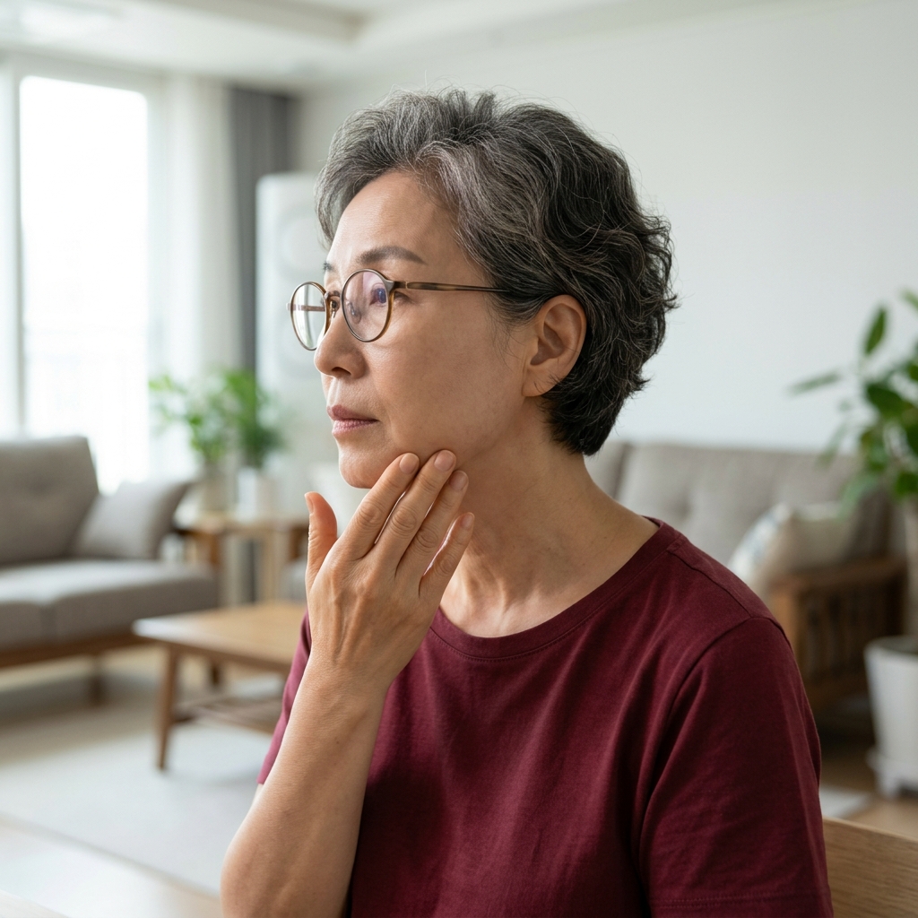 손으로 턱선을 따라가며 확인하는 60대 초반 남성의 옆모습, 밝은 실내, 반팔 셔츠