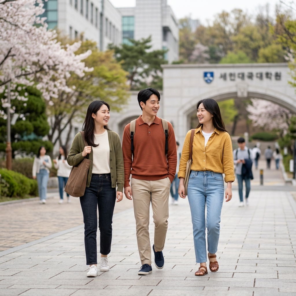 대학 캠퍼스 앞에서 편안하고 깔끔한 옷차림으로 걷는 대학생들