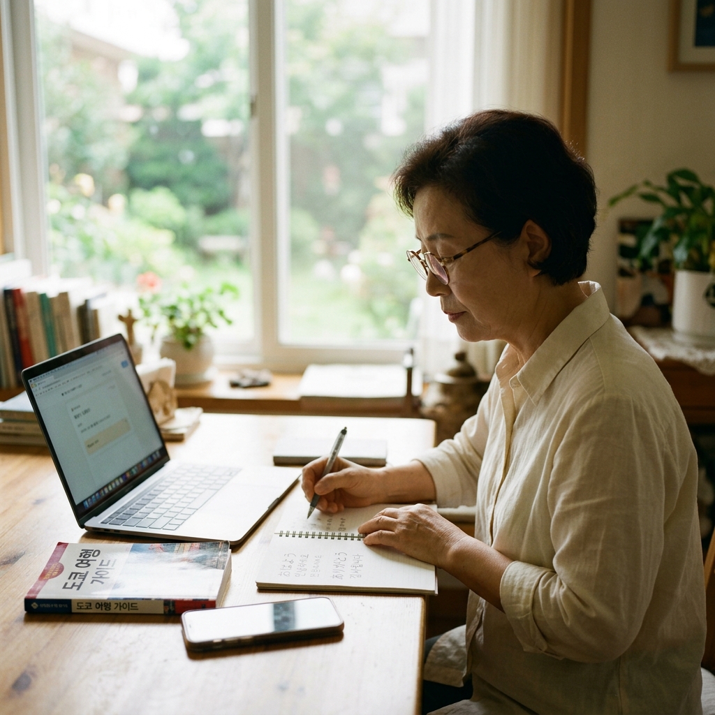 밝은 창가에서 노트북을 보며 외국어 표현을 노트에 적고 있는 70대 중반 여성, 얇은 셔츠 차림, 테이블 위에 여행 가이드북과 스마트폰