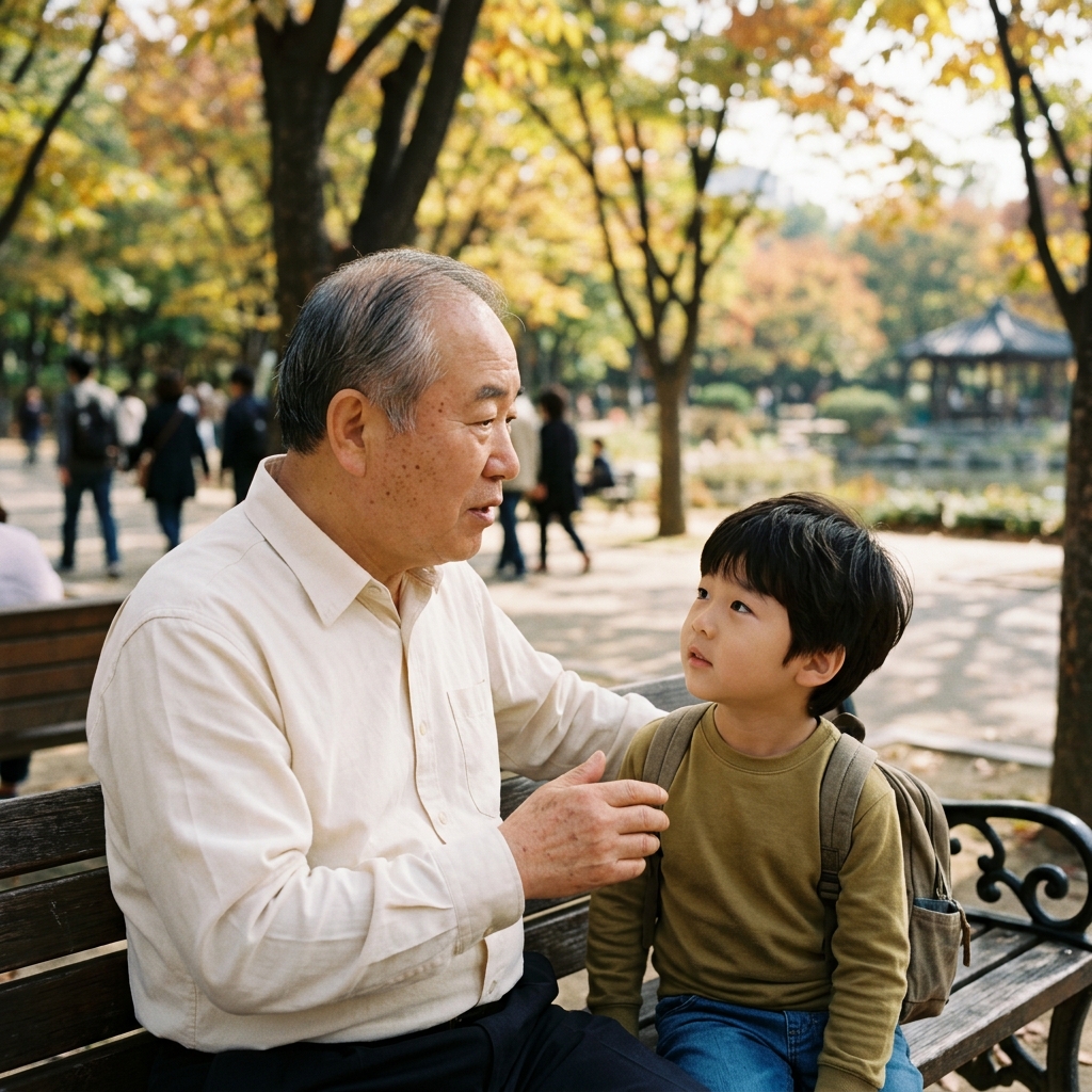 70대 한국인이 손자와 함께 공원 벤치에 앉아 대화하는 모습, 가을 햇살 아래 따뜻한 분위기