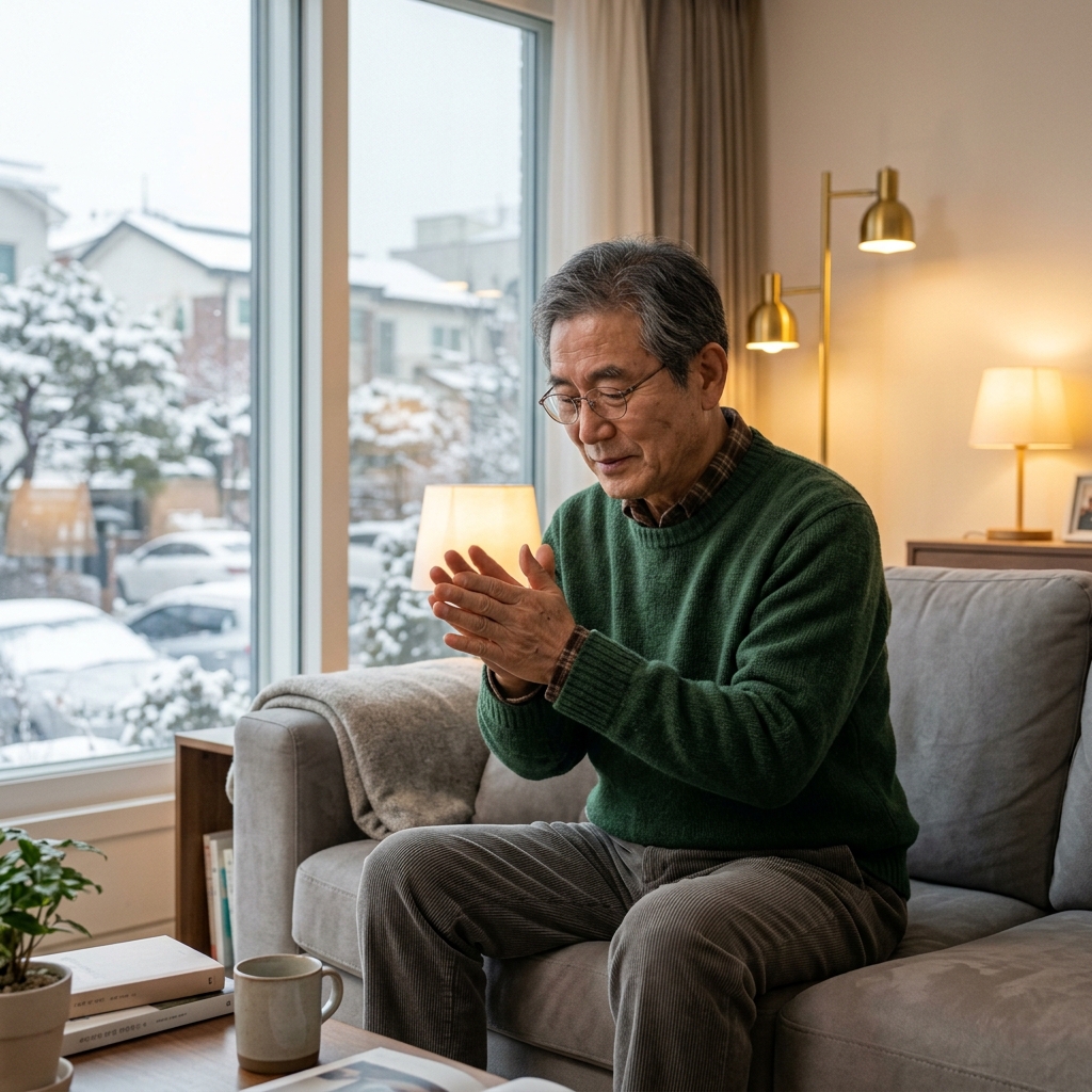70대 남성이 거실 소파에 앉아 두 손을 비비며 손을 따뜻하게 하려는 모습, 창밖으로 겨울 풍경이 보이고 실내 조명은 따뜻한 톤