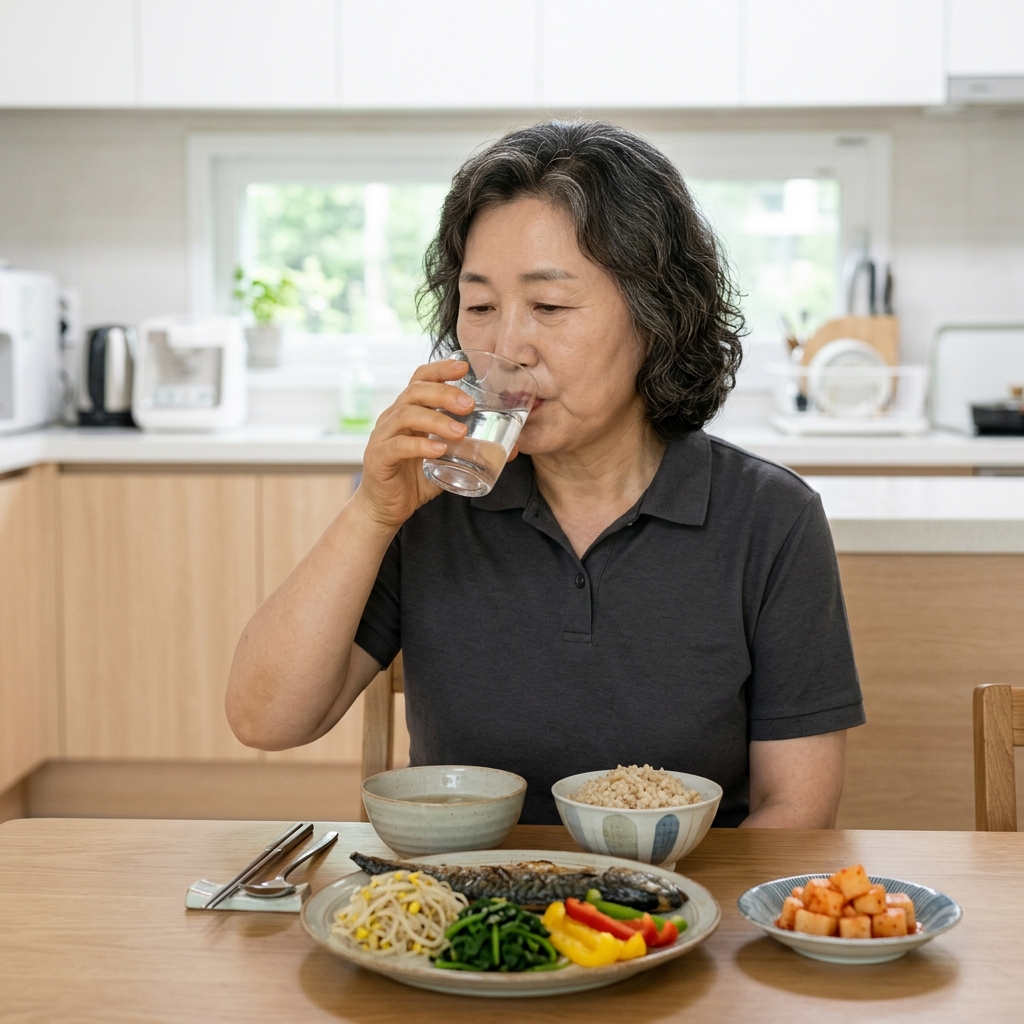 70대 한국인 여성이 식탁에서 단백질 반찬과 채소가 담긴 식사를 앞에 두고 물을 마시는 모습, 밝은 주방 배경