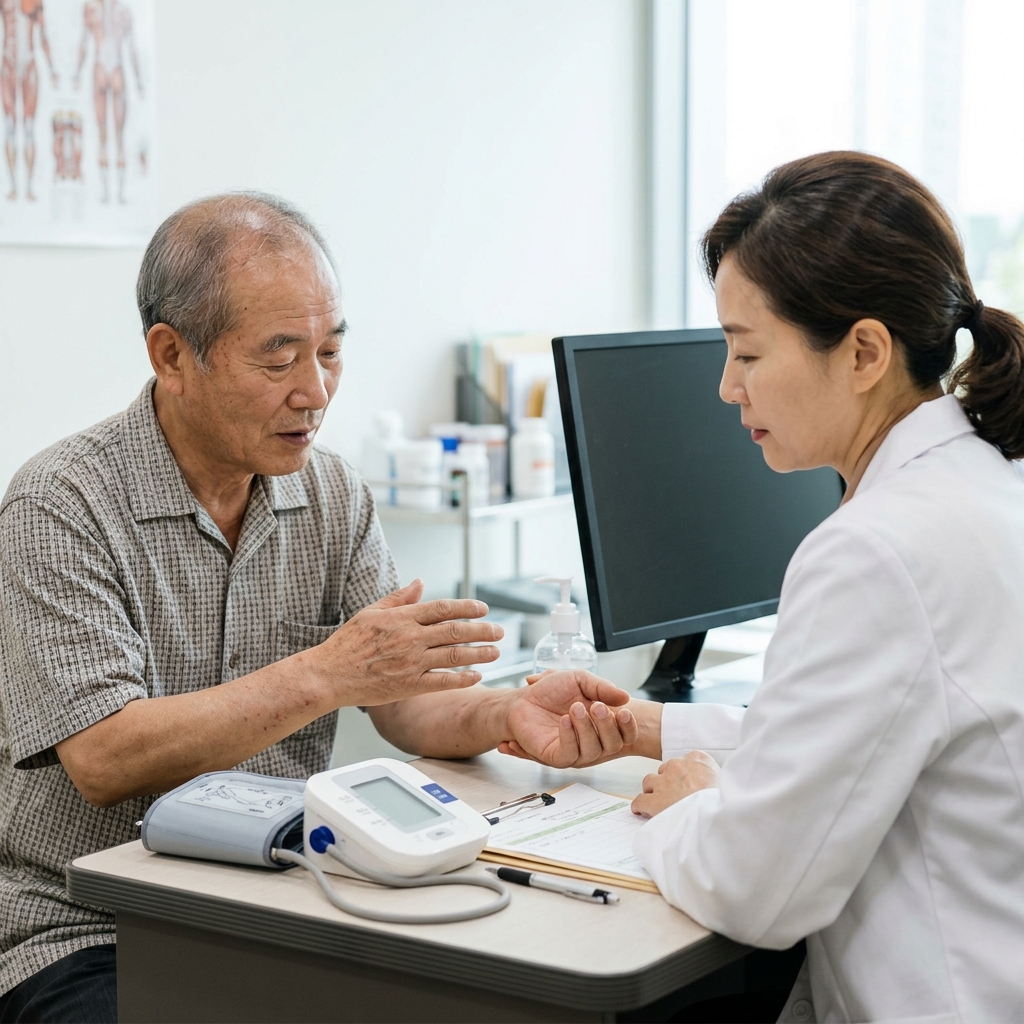 70대 남성이 내과 진료실에서 의사와 마주 앉아 손을 보이며 증상을 설명하는 장면, 책상 위에 혈압계와 차트가 보임