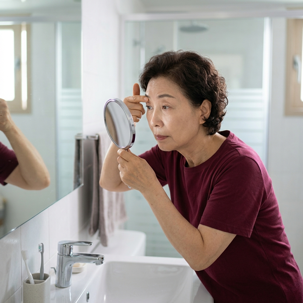 70대 한국인이 거울로 눈꺼풀을 관찰하는 모습, 밝은 실내, 부드러운 자연광