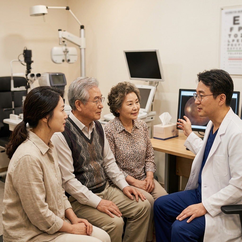 중년 보호자가 70대 한국인 부모님과 안과 진료실에서 상담하는 장면, 따뜻한 조명